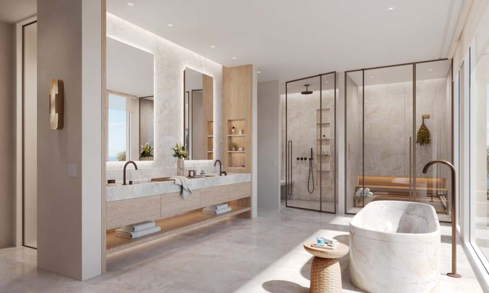 Modern marble bathroom with double vanity and freestanding tub under soft recessed lighting