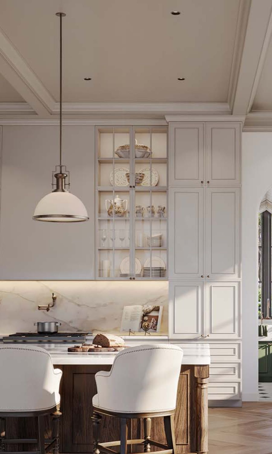 Traditional white kitchen with large island pendants and illuminated glass-front cabinetry