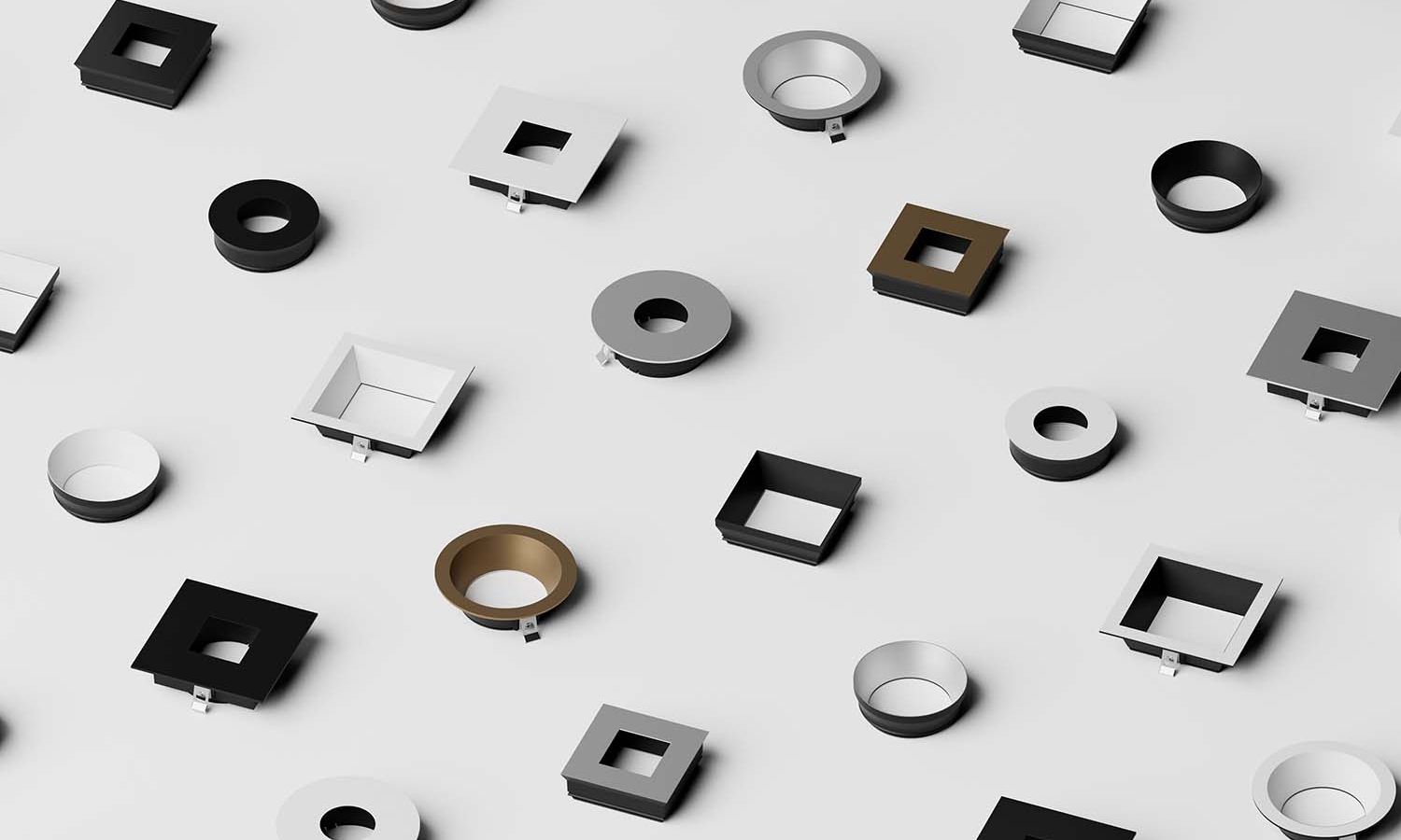 Grid of various architectural recessed lighting trim options in square and round shapes