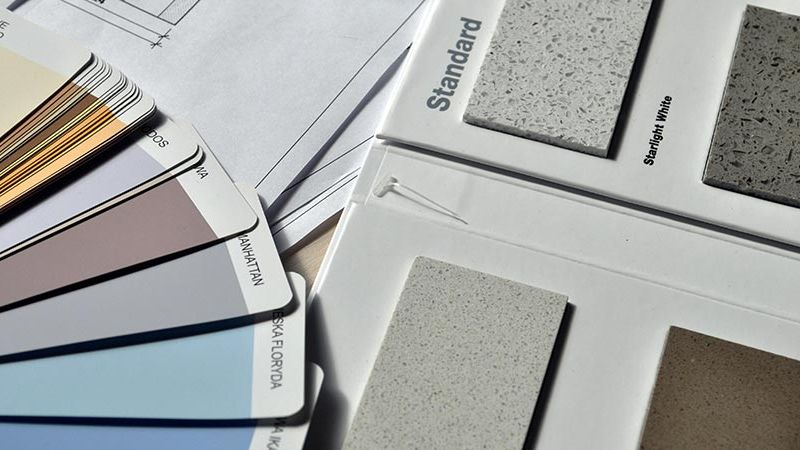 Architectural samples including paint swatches and stone textures